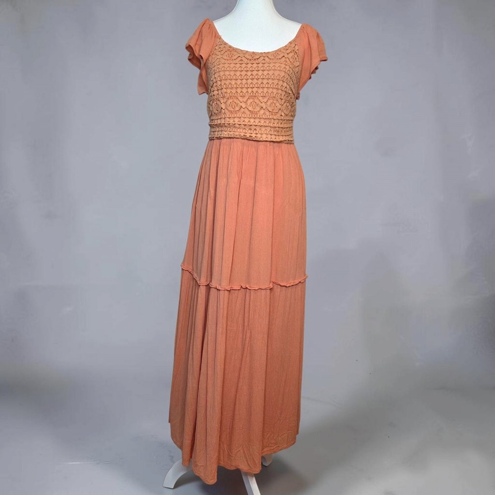 Boho Crochet Lace Tiered Maxi Dress Terracotta Orange Cap Sleeve Smocked Back